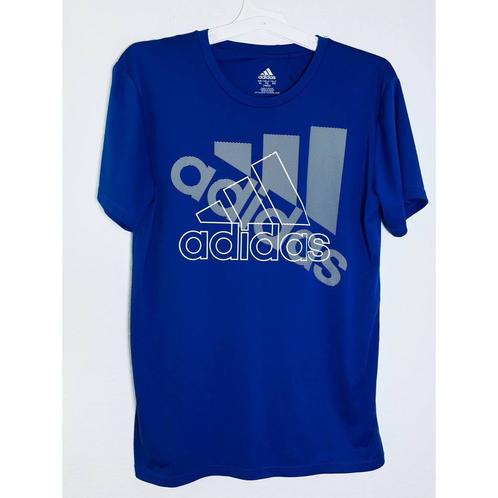 Adidas Boys XL 18/20 Blue Graphic Logo Performance T-Shirt Short Sleeve Tee
